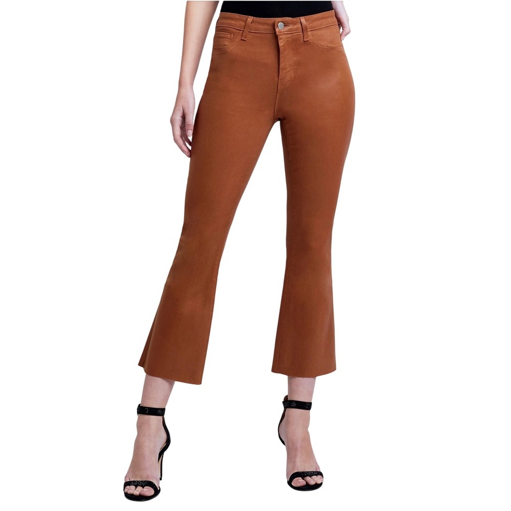 L'AGENCE Kendra Coated Flare Jeans Womens 25 Brown Cognac High Rise Raw‎ Hem